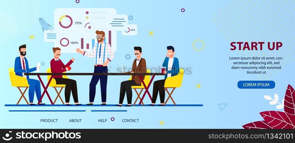 Office Work and Startup Development. Business People Team Working on Start Up Technology. Men Discussing on Creating New Project Sitting at Desk. Cartoon Flat Vector Illustration. Horizontal Banner. Business People Team Work on Start Up Technology.