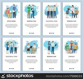 Office work and successful team vector, people achieving business achievements and success, brainstorming teamwork meeting and gathering, team in new startup. Website or slider app. Successful Team and Working Task, Office Work
