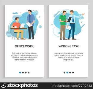 Office work and task solution vector. Working employees with laptop management decision, manager checks paperwork, colleagues busy at job. Website or slider app, landing page flat style. Work Task and Office Work Business Decision Vector