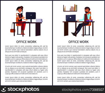 Office work banners set business people man and woman sitting at tables with computers and dreaming about rest, vector workers posters with text sample. Office Work Banners Set Business People Man Woman