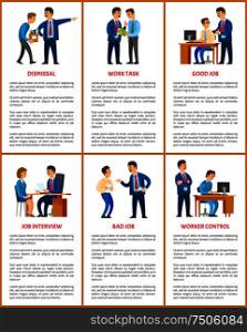 Office work, boss and employee relationships. Dismissal and task, job interview and worker control, clerk with manager, business vector illustrations.. Office Work, Boss and Employees Relationships