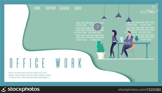 Office Work, Business Startup, Online Company Flat Vector Web Banner, Landing Page Template with Businessman and Businesswoman, Company Leader, Female Employe Working Together in Office Illustration