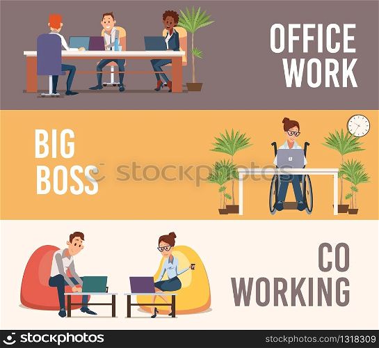 Office Work, Company Big Boss, Coworking Space Trendy Flat Vector Banners, Posters Set. Company Employees Team Working in Office, Disabled Woman in Wheelchair, Coworkers Using Laptop Illustration