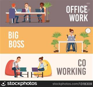Office Work, Company Big Boss, Coworking Space Trendy Flat Vector Banners, Posters Set. Company Employees Team Working in Office, Disabled Woman in Wheelchair, Coworkers Using Laptop Illustration