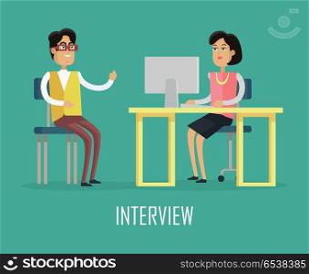 Office Work Concept Illustration In Flat Design.. Office work concept vector in flat design. Woman seating under table and working on computer, business icons in speak cloud. Working process in office, business in internet, daily tasks illustrating.