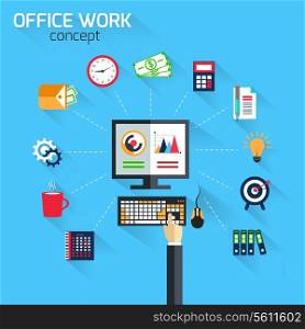 Office work concept on blue background with computer hand bulb icons vector illustration