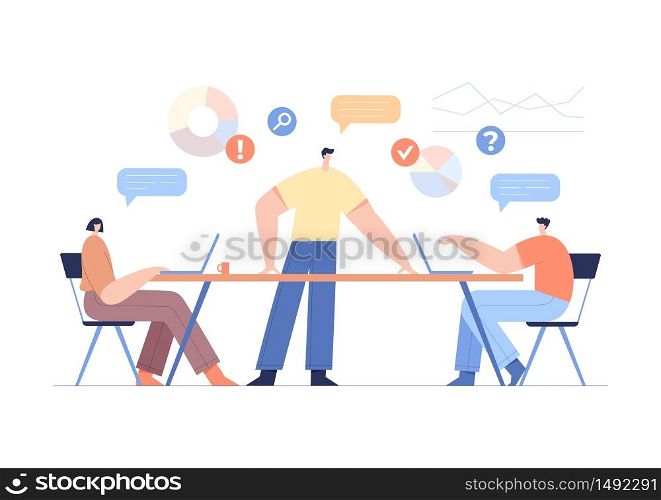 Office work concept, team partnership. Modern businessmen characters, communication, corporate brainstorming, charts and analysing statistics, web project, marketing. Flat vector illustration.
