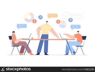 Office work concept, team partnership. Modern businessmen characters, communication, corporate brainstorming, charts and analysing statistics, web project, marketing. Flat vector illustration.