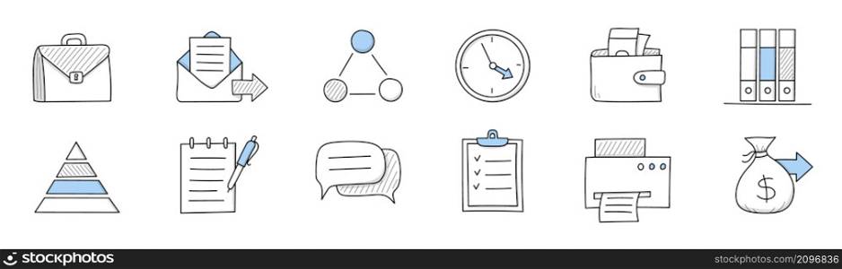 Office work, job concept with doodle icons of briefcase, clock, mail and documents. Vector sketch set of business and workplace, team, message, printer, purse and bag with money. Office work, job icons with briefcase, clock, mail