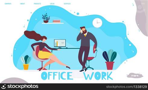 Office Work Management Promotion Landing Page. Cartoon Female Employee Sitting at Table with Computer. Male Coworker or Boss Having Business Call on Phone. Vector Open Workspace Flat Illustration. Office Work Management Promotion Landing Page