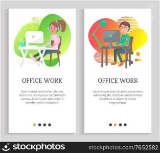 Office work of man and woman, female in headset using computer, employee on workplace with wireless device, worker with pc, communication vector. Website or slider app, landing page flat style. Worker Communication with Computer, Office Vector