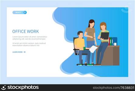Office work online, teamwork of people, employees with laptop and paper, portrait view of people with computer and document making report vector. Website or webpage template, landing page flat style. Teamwork with Laptop and Documents, Office Vector