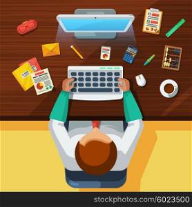 Office Work Place Accountant Flat Banner. Accountant office work place with computer calculator and old fashioned bead count top view flat poster vector illustration