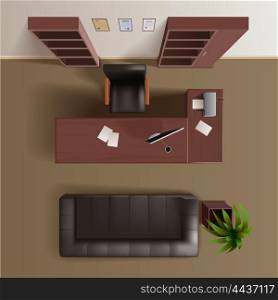 Office Work Room Top View Realistic . Office work room with wooden bookshelves desk computer plant and leather sofa top view realistic vector illustration