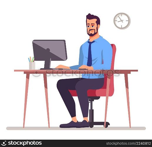 Office work semi flat RGB color vector illustration. Ergonomic workstation for employee isolated cartoon character on white background. Office work semi flat RGB color vector illustration