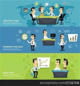 Office work team creative planning strategy and analytic results presentation horizontal banners set abstract isolated vector illustration