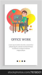 Office work vector, male with info on laptop male working at workplace with laptop and table with computer, smart worker with assignments. Website slider app template, landing page flat style. Office Work Person Working on Laptop Workplace