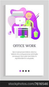 Office work vector, man busy with working tasks writing info on papers and throwing in rubbish bin. Blonde worker smiling person wearing tie. Website slider app template, landing page flat style. Office Work Man at Workplace Writing on Papers