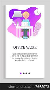 Office work vector, man with assignments to complete, computer programmer by workplace, interior of working space of programmer, application. Website slider app template, landing page flat style. Office Work, Blond Man Working at Workplace Web