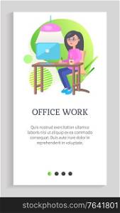 Office work vector, person with computer at work, secretary typing info on laptop, distant worker, woman working on documentation, secretary. Website or app slider template, landing page flat style. Office Work, Woman Working on Laptop Vector Web