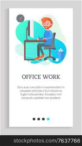 Office work vector, person writing on papers and throwing them away, process of creation of unique content, male with computer working hard. Website or app slider template, landing page flat style. Office Work, Man Working by Table, Writer Website