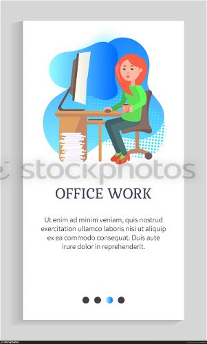 Office work vector, secretary working by laptop dealing with information analysis flat style. Woman at job with computer looking at screen. Website or app slider template, landing page flat style. Office Work, Lady Sitting by Table, Secretary