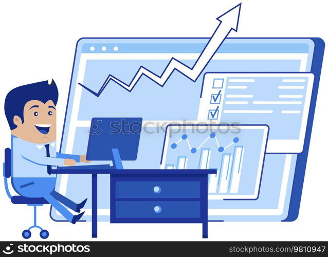 Office worker analysing digital indicators and charts. Report presentation analysis, business lecture, conference, online learning concept. Employee working with statistics, business data on computer. Employee working with statistics, business data on computer. Male worker analyses digital indicators
