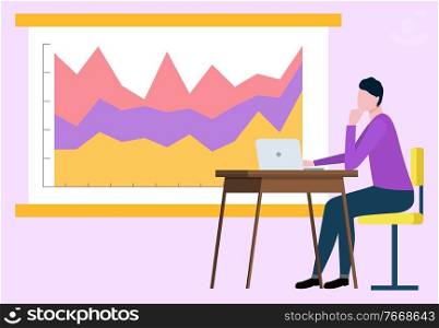 Office worker analysing information on whiteboard vector, infocharts and flowchart colored. Man with stats and plans statistical data flat style character. Presentation Person Working on Laptop Office Work