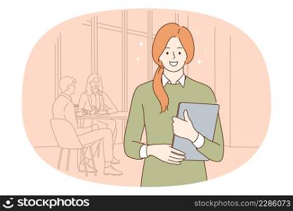 Office worker and business concept. Young smiling woman office worker standing with documents with talking colleagues at background vector illustration . Office worker and business concept.
