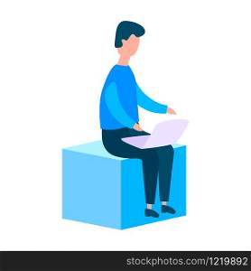 Office worker and laptop sitting on cube. Flat style vector illustration. Office worker and laptop sitting on cube. Flat style