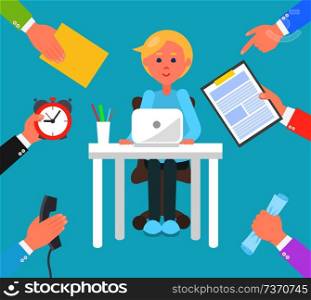 Office worker and tasks set vector illustration isolated on blue background young employee with white laptop, businessman s arms with papers and clock. Office Worker and Tasks Set Vector Illustration