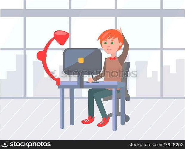 Office worker at computer, workplace with desk chair big window and lamp vector. Business center interior, window with cityscape, manager or businessman, workspace. Flat cartoon. Workplace, Office Worker at Cmputer, Business