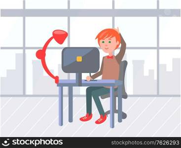 Office worker at computer, workplace with desk chair big window and lamp vector. Business center interior, window with cityscape, manager or businessman, workspace. Flat cartoon. Workplace, Office Worker at Cmputer, Business