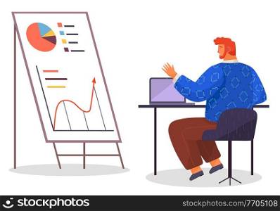 Office worker at the table with a laptop. Businessman or a clerk working at his office workplace makes a graphical report analysis. Smiling man enterpreneur performs work on a computer side view. Businessman or a clerk working at his office workplace with laptop makes a graphical report analysis
