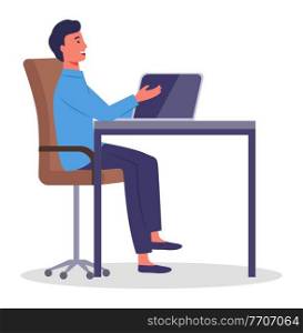 Office worker at the table with a laptop. Businessman or a clerk working at his office workplace flat style illustration. Smiling man office worker enterpreneur performs work on a computer side view. Office worker at the table with a laptop. Businessman or a clerk working at his office workplace