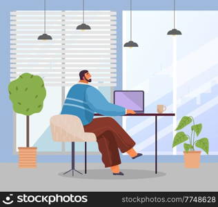 Office worker at the table with a laptop. Businessman or a clerk working at his office workplace flat style illustration. Bearded man enterpreneur performs work on a computer uses the internet. Office worker at the table with a laptop. Businessman or a clerk working at his office workplace
