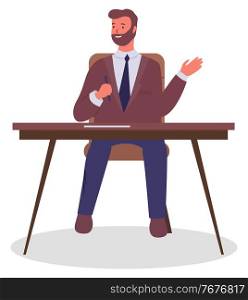 Office worker at the table with a pen in hand. Businessman or a clerk working at his office workplace prepared to record. Vector flat smiling man office worker enterpreneur, boss signs a document. Office worker at the table with pen in hand. Businessman or a clerk working at his office workplace