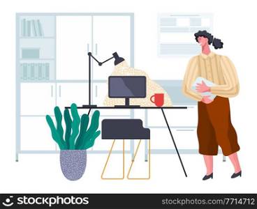 Office worker at the table with paper document in hand. Businesswoman working at her office workplace flat style illustration. Smiling girl manager, enterpreneur doing paperwork near the computer. Businesswoman working at office workplace. Smiling girl manager doing paperwork near the computer