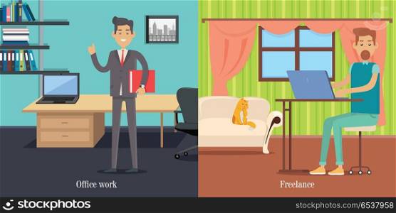 Office Worker at Working Place. Freelancer at Work. Office worker at working place. Freelancer at work. Elegant male with documents folder. Successful businessman. Young people. Poster shows difference between work at home or in office. Vector