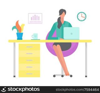 Office worker at working place vector, woman typing information on laptop. Secretary of boss, freelancer with tea cup on desk, time on clock interior. Woman Working on Laptop, Sitting by Table Office