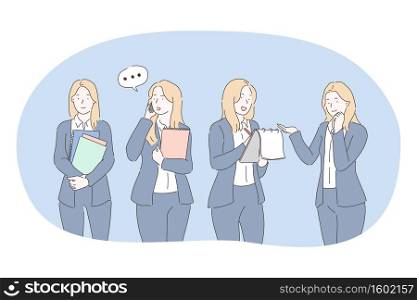 Office worker, business woman, secretary concept. Young woman office worker in official clothing cartoon character communicating on phone, checking calendar, carrying documents in office illustration . Office worker, business woman, secretary concept