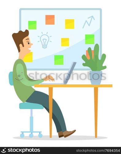 Office worker, CEO or businessman sitting at desk and working on laptop. Big board with colorful squares or paper stickers, lightbulb, up arrow. Making successful, innovative decisions. Startup idea. A man sits at a laptop in the office, creative manager, idea, innovation. Flat vector image