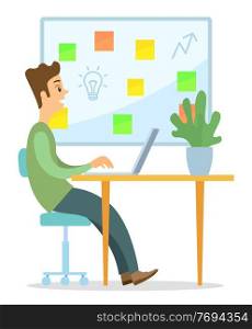 Office worker, CEO or businessman sitting at desk and working on laptop. Big board with colorful squares or paper stickers, lightbulb, up arrow. Making successful, innovative decisions. Startup idea. A man sits at a laptop in the office, creative manager, idea, innovation. Flat vector image