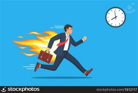 Office worker character running with back on fire. Deadline and rush hour. Business concept. Vector illustration in flat style.. Office worker character running with back on fire.