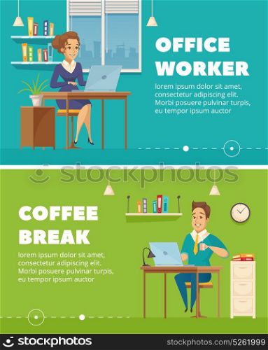 Office Worker Characters Cartoon Banners . Office staff worker coffee break 2 horizontal retro banners set with personnel cartoon characters isolated vector illustration