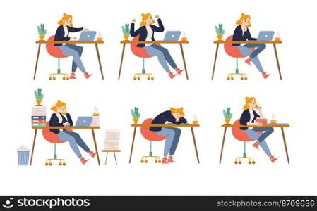 Office worker different emotions and activities, work and procrastination set. Manager woman sit at desk with laptop rejoice, rage, eat lunch, boring, sleep and think Line art flat vector illustration. Office worker different emotions and activities
