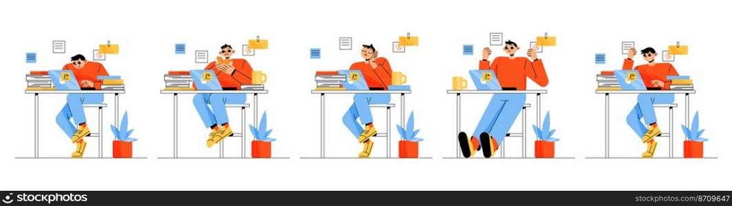 Office worker different emotions and activities. Young man sitting at desk work on laptop, eating lunch, sleeping, rejoice or angry expression, manager lifestyle, Linear flat vector illustration. Office worker different emotions and activities