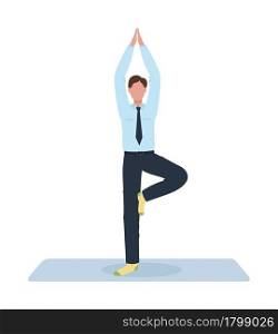 Office worker doing yoga pose semi flat color vector character. Full body person on white. Mental health. Lowering stress isolated modern cartoon style illustration for graphic design and animation. Office worker doing yoga pose semi flat color vector character