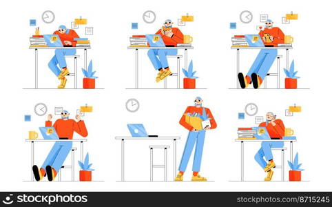 Office worker emotions, different activities and procrastination isolated set. Manager woman work at laptop, fired, love chat, rejoice, eat lunch, boring or sleep, Line art flat vector illustration. Office worker emotions, different activities set