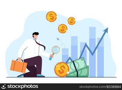 Office worker examining money with magnifying glass. Employee and cash with bar graphs in background flat vector illustration. Success, finances concept for banner, website design or landing web page